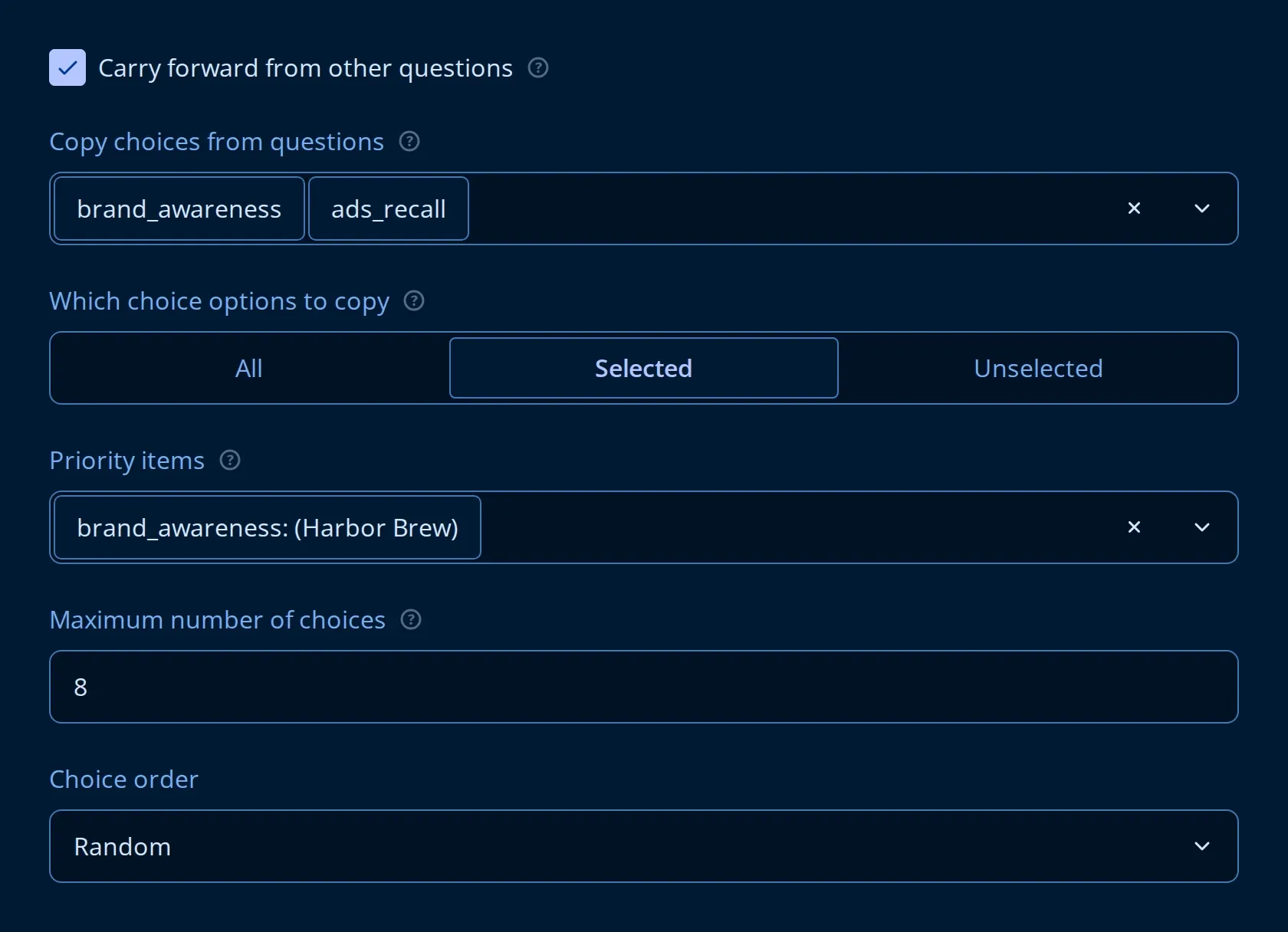 Advanced carry forward settings in the property grid: multiple sources, mode, priority items and maximum choices