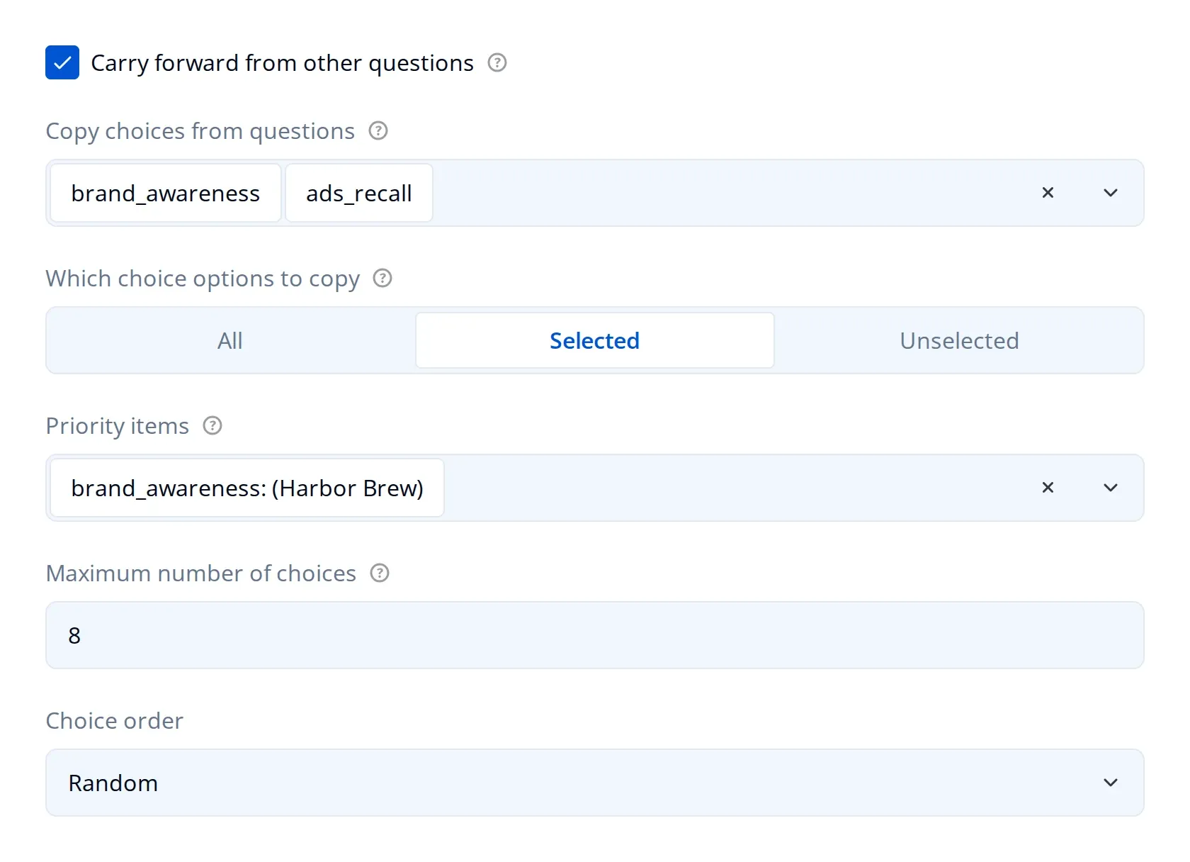 Advanced carry forward settings in the property grid: multiple sources, mode, priority items and maximum choices