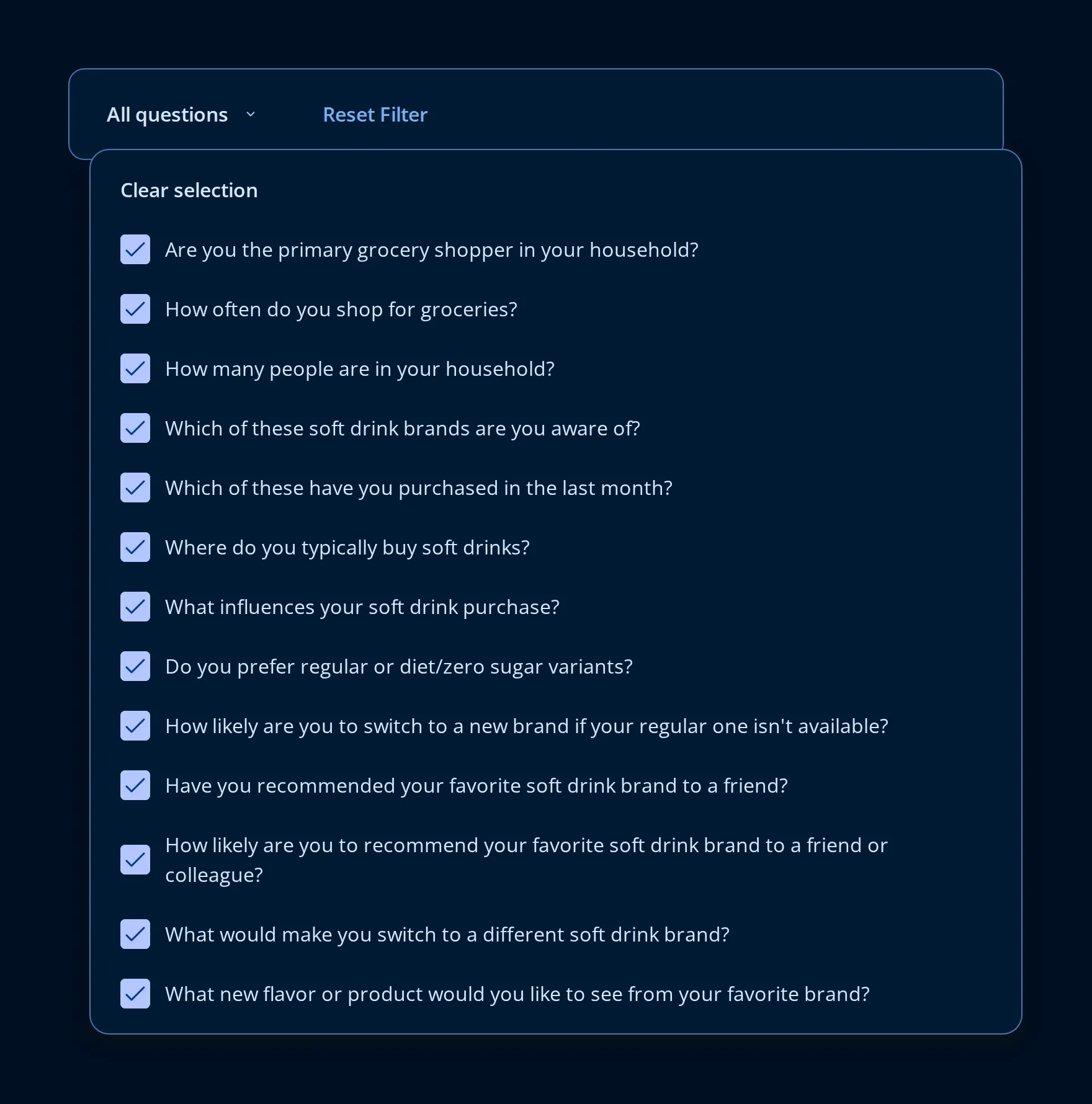 The Endatix analytics question selector, listing every question in the form with a checkbox