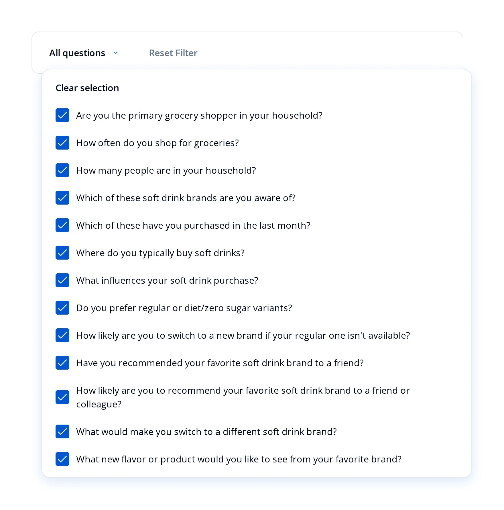 The Endatix analytics question selector, listing every question in the form with a checkbox