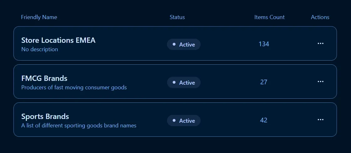 Endatix data lists interface
