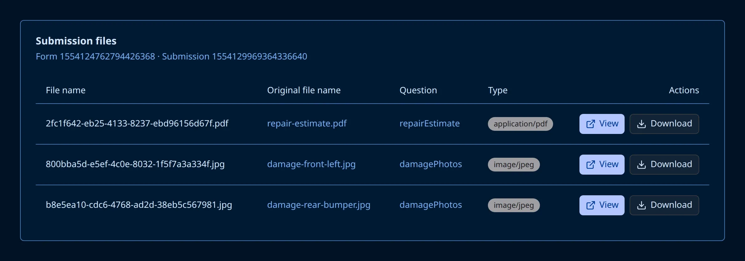 The Submission files screen in Endatix Hub listing stored uploads with their original names, question and type, and View and Download actions