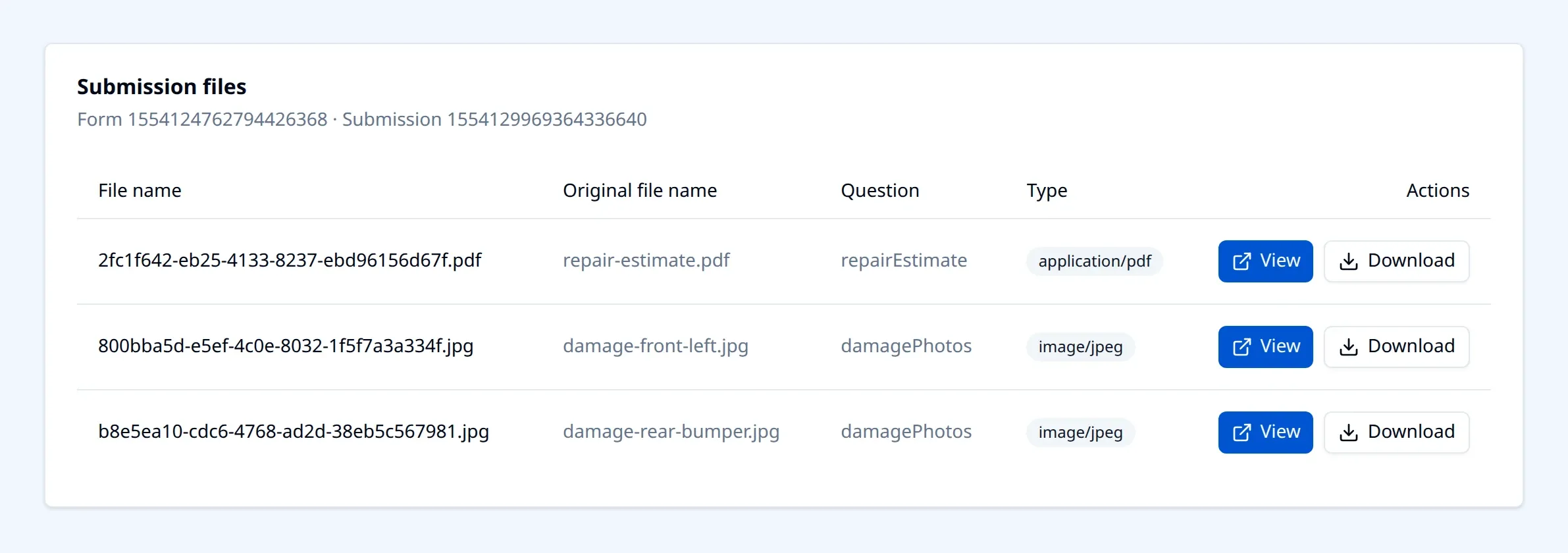 The Submission files screen in Endatix Hub listing stored uploads with their original names, question and type, and View and Download actions