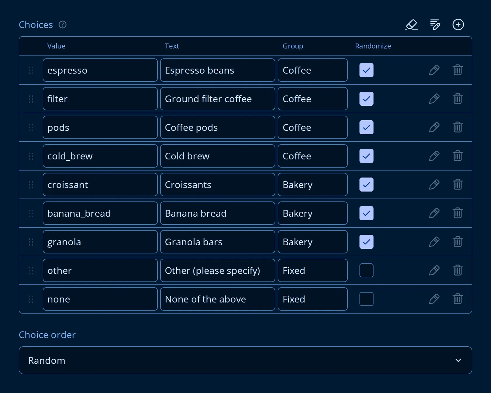 The choices table in the Endatix form builder with Group and Randomize columns