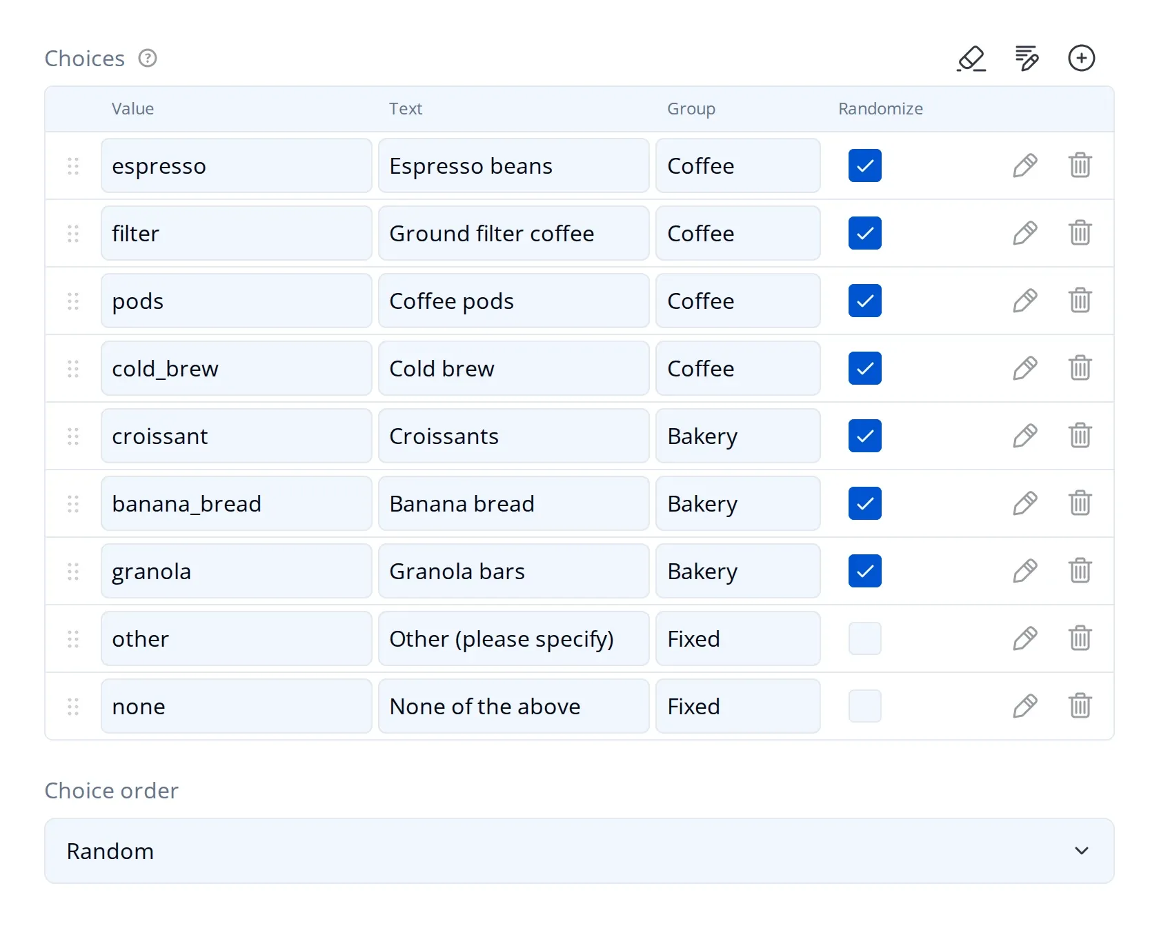 The choices table in the Endatix form builder with Group and Randomize columns
