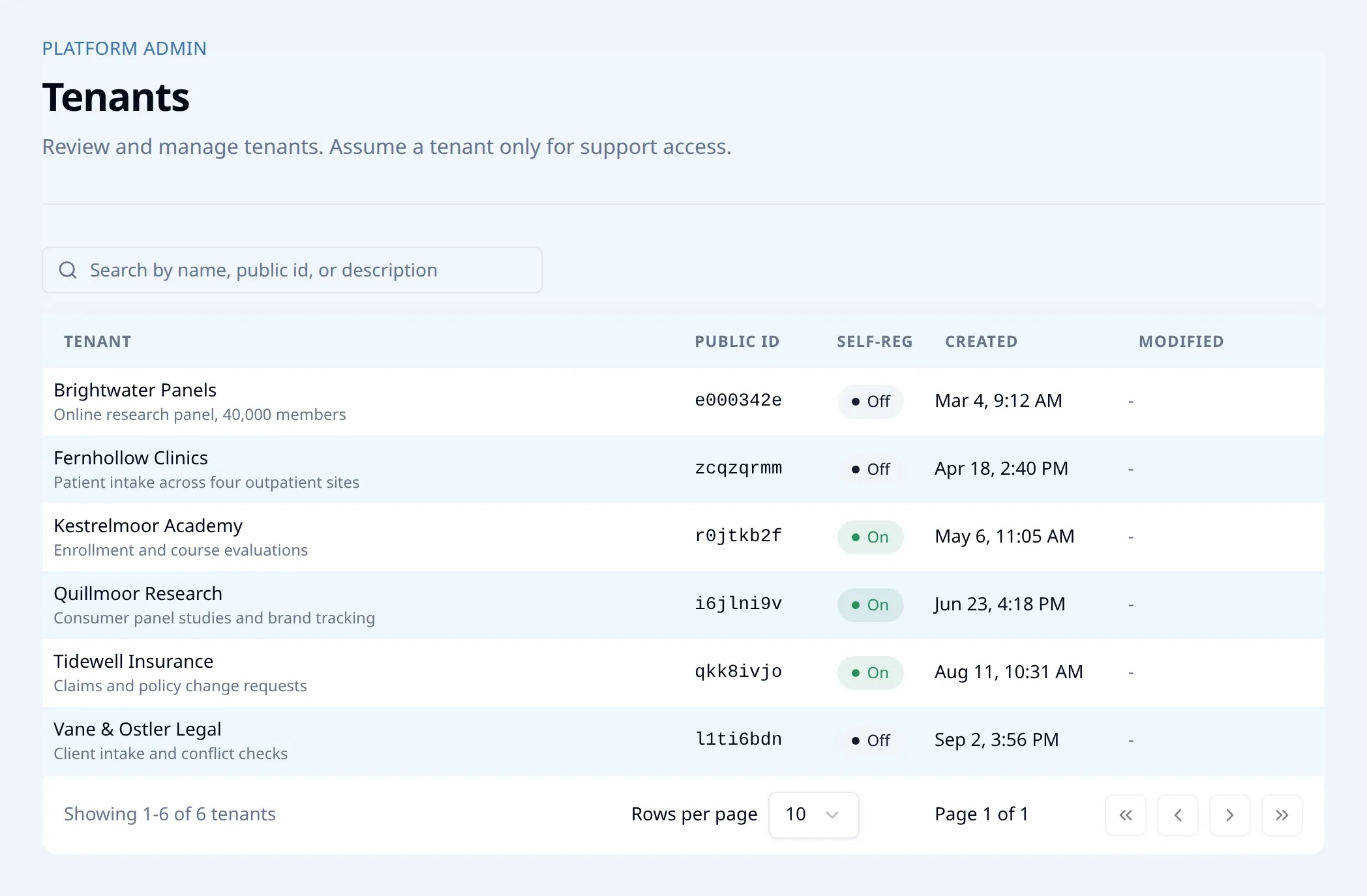 The Endatix platform admin tenants list with several isolated tenants
