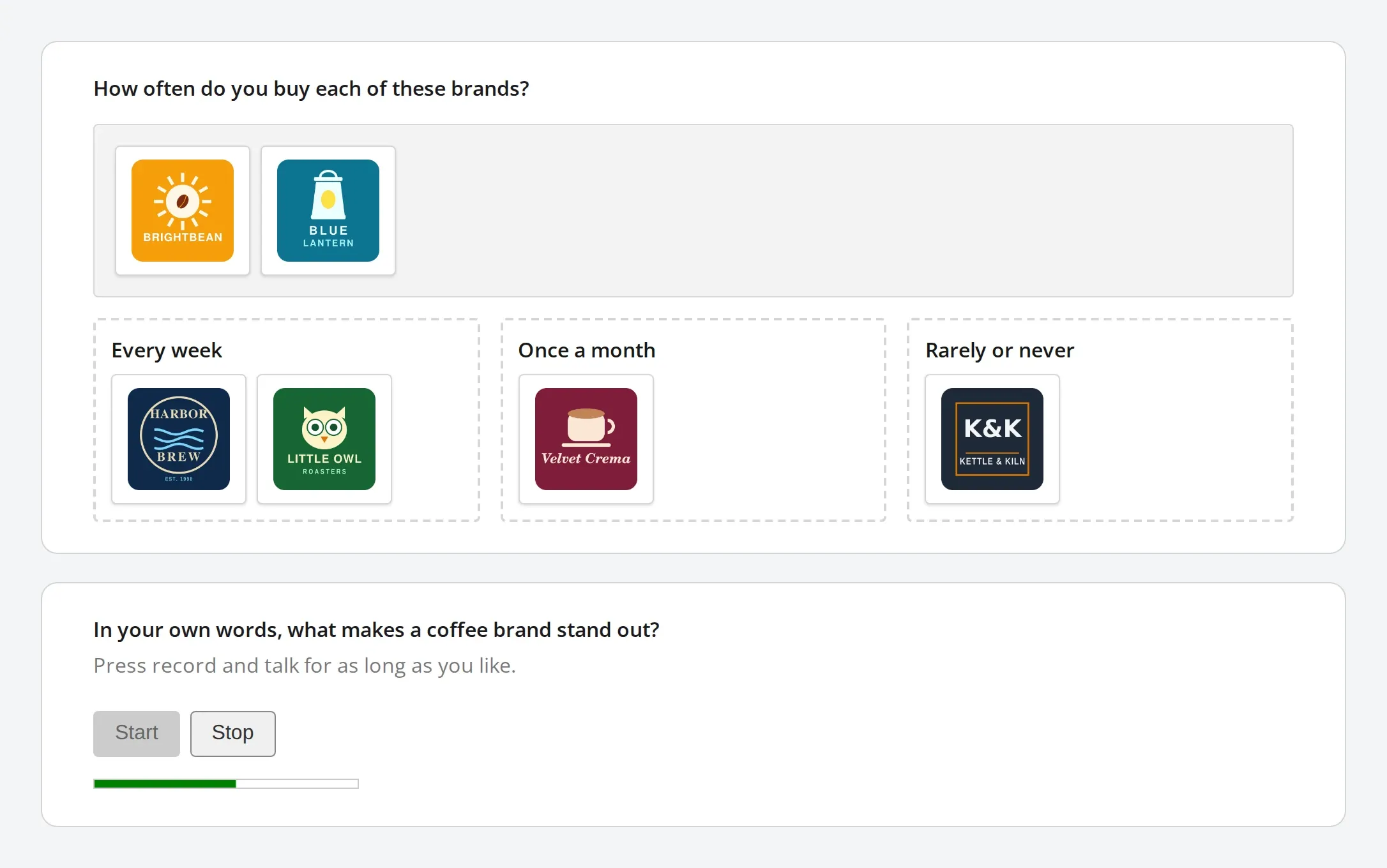 A Drag to Categorize question with coffee brand logos sorted into zones, above an Audio Recorder question