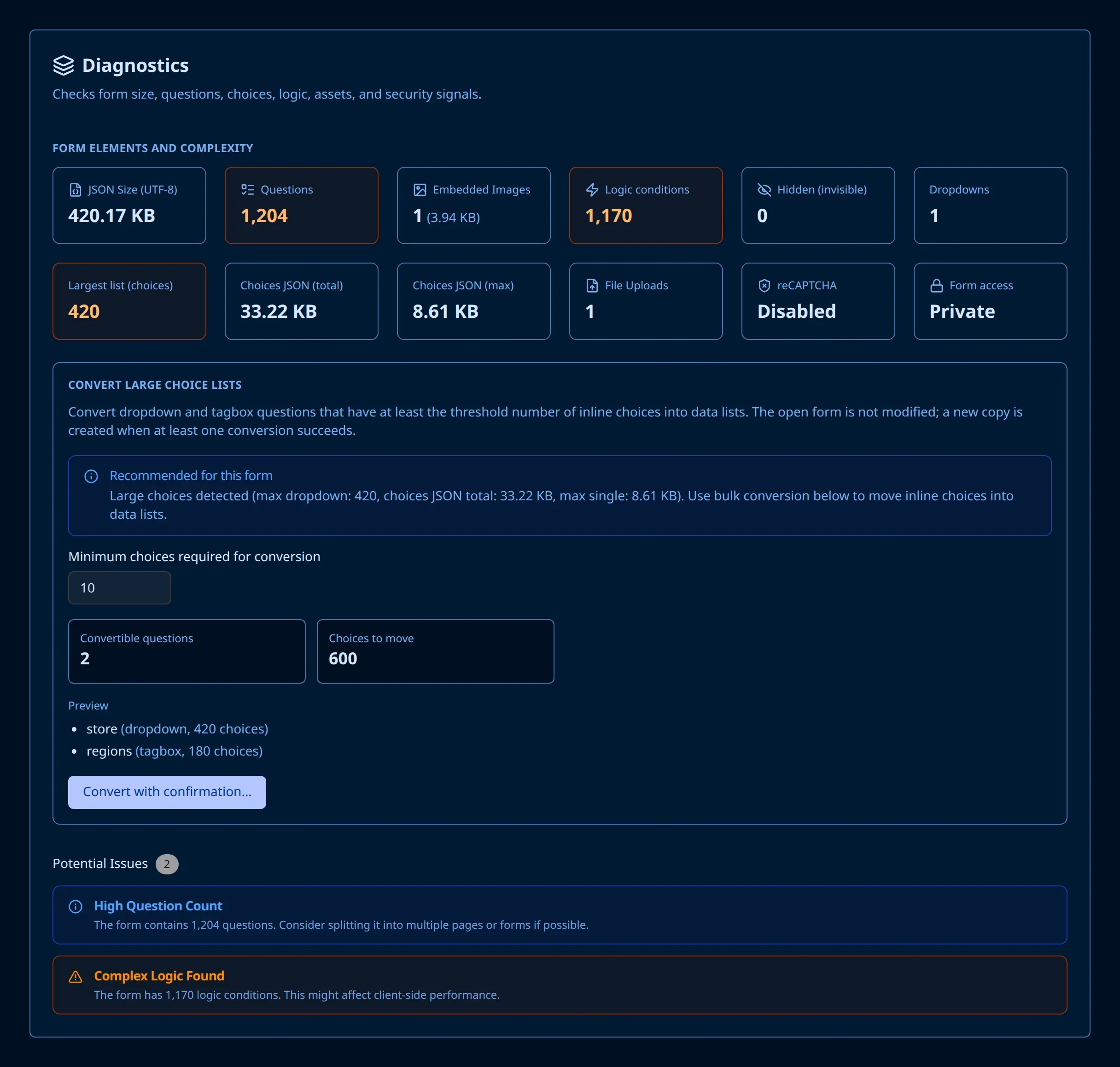 The Diagnostics tab reporting form size, question count, logic conditions and recommendations