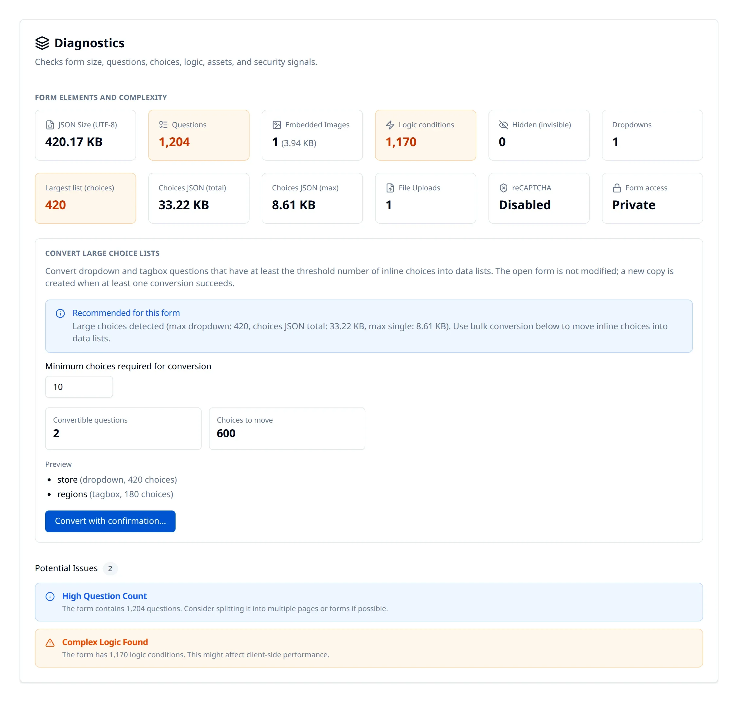 The Diagnostics tab reporting form size, question count, logic conditions and recommendations