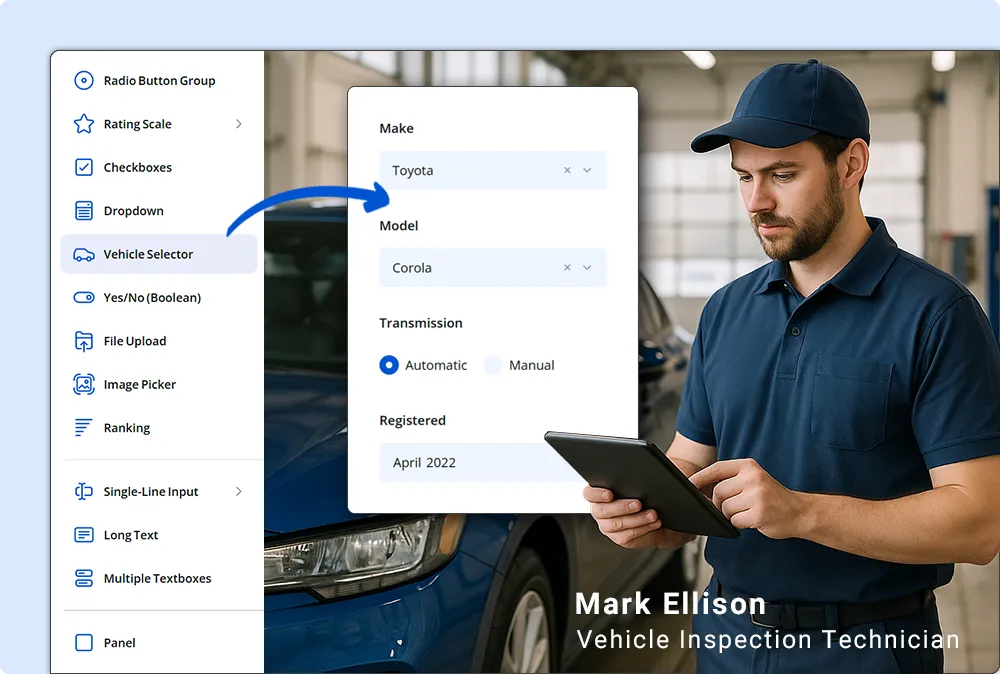 A photo of a vehicle inspection technician