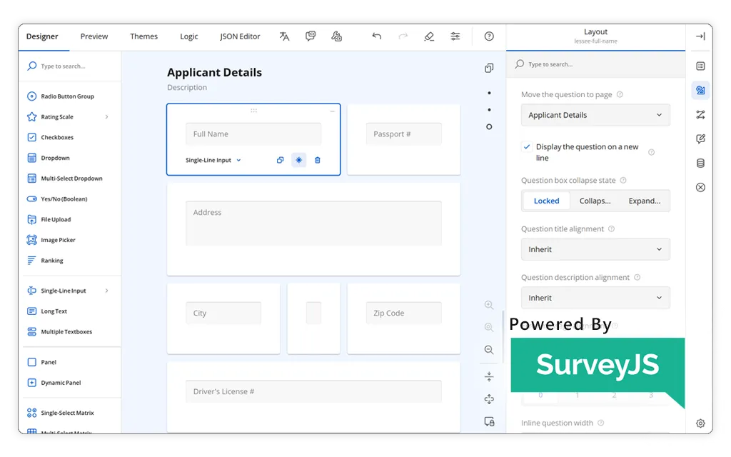 A screenshot of the SurveyJS powered drag-and-drop form builder